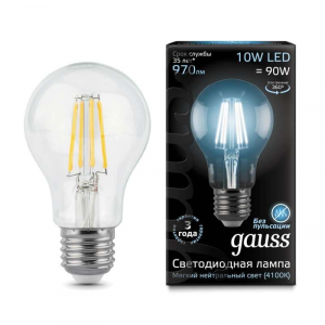 Лампа светодиодная Filament А60 E27 10Вт 4100К GAUSS 102802210, 1шт RS-GAUSS-102802210