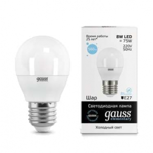 Лампа светодиодная LED Elementary Globe 8Вт E27 6500К Gauss 53238, 1шт RS-GAUSS-53238