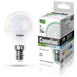 Лампа светодиодная LED8-G45/845/E14 8Вт шар 4500К белый E14 750лм 170-265В Camelion 12393, 1шт