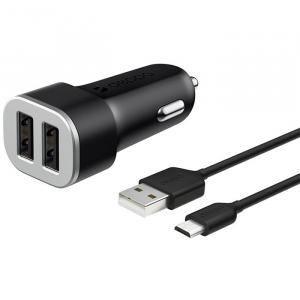 Автомобильное зарядное устройство адаптер 2хUSB, 2.4A (Deppa 11283) (черный) кабель micro USB
