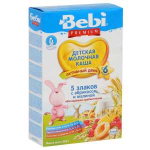 Каша Bebi молочная 5 злаков с абрикосом и малиной с 5 месяцев