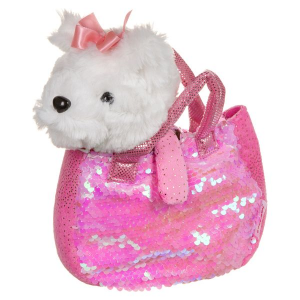 Мягкая игрушка "Милота" Болонка в сумке с пайетками, c ошейником и поводком, Bondibon 19 см