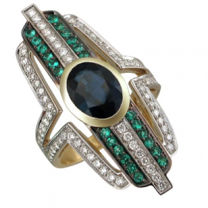 Кольцо с сапфиром, бриллиантами и изумрудами из комбинированного золота 750 пробы Эстет