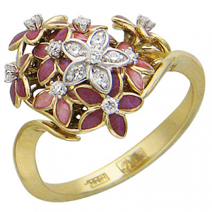 Кольцо Цветы с бриллиантами, вставкой из эмали из комбинированного золота 750 пробы Эстет