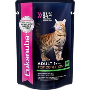 Паучи Eukanuba Adult Cat Top Condition with Beef с говядиной мясные кусочки в соусе для взрослых кошек
