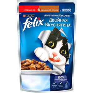 Паучи Felix Двойная вкуснятина аппетитные кусочки в желе с говядиной&домашней птицей для кошек