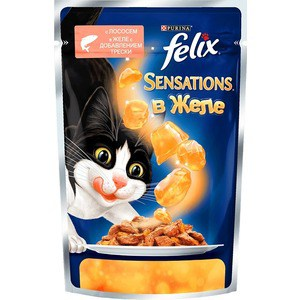 Паучи Felix Sensations кусочки с лососем в желе с добавлением трески для кошек