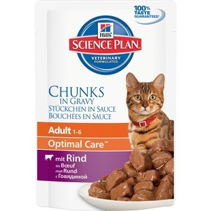 Паучи Hill's Science Plan Optimal Care Adult Beef Chuks in Gravy с говядиной кусочки в подливке для кошек