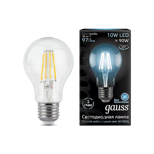 Лампа GAUSS LED Filament A 60 E 27 10 W 970 lm 4100К 1/10/40 102802210