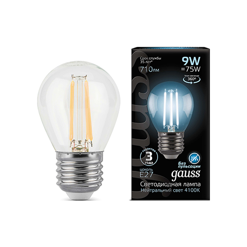 Лампа GAUSS LED Filament Шар E 27 9W 710 lm 4100 K 1/10/50 105802209