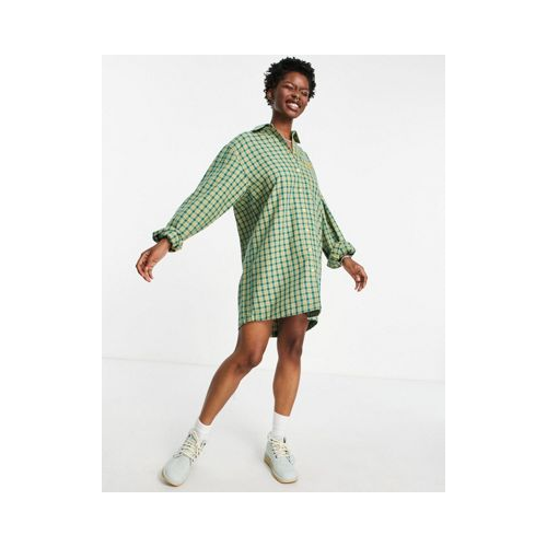 Oversized платье-рубашка в винтажную клетку с вышитым логотипом на кармане Kickers-Зеленый цвет