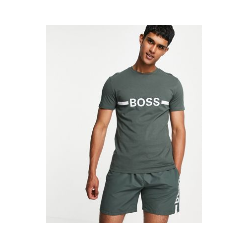 Облегающая футболка цвета хаки с акцентным логотипом на груди и защитой от солнца BOSS Beachwear-Зеленый