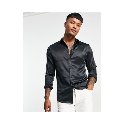 Атласная зауженная рубашка черного цвета ASOS DESIGN-Черный