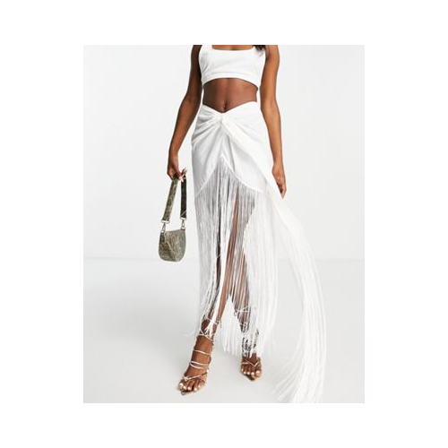 Белая юбка из ткани-имитации льна с запахом и бахромой ASOS DESIGN