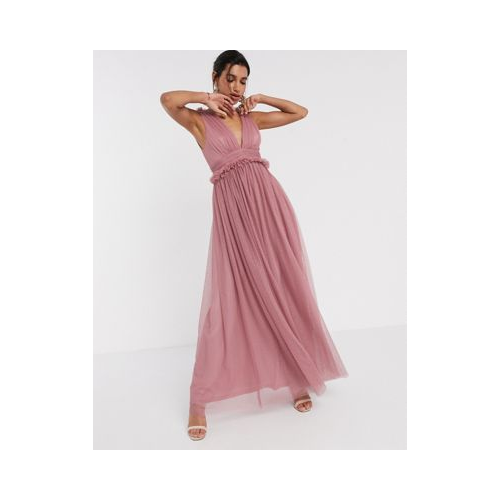 Бежевое платье макси из тюля в горошек с глубоким вырезом и оборками ASOS DESIGN-Розовый цвет