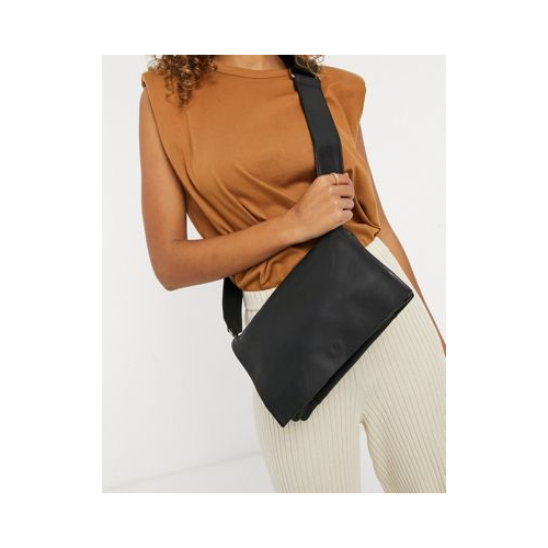 Черная кожаная сумка через плечо с несколькими отделениями и широким ремнем ASOS DESIGN-Черный цвет