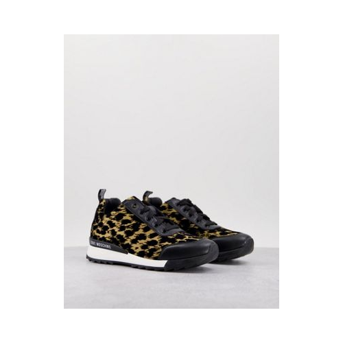 Черно-золотистые кроссовки для бега с леопардовым принтом Love Moschino