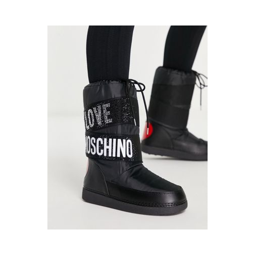 Черные дутые ботинки с принтами логотипа и сердечком Love Moschino