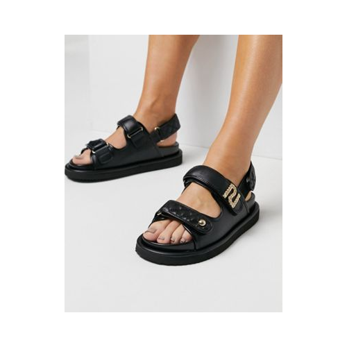 Черные стеганые сандалии в спортивном стиле на плоской подошве River Island-Черный цвет