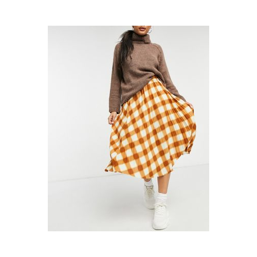 Коричневая клетчатая юбка миди с плиссировкой Monki Yan-Коричневый цвет