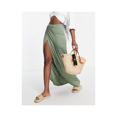 Трикотажная юбка макси цвета хаки с запахом ASOS DESIGN-Зеленый
