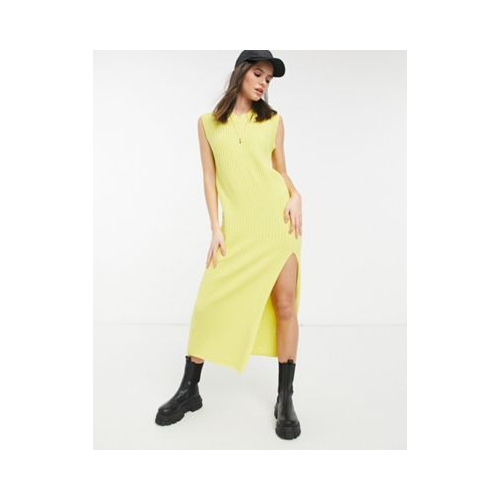 Желтое вязаное в рубчик платье макси без рукавов Lost Ink