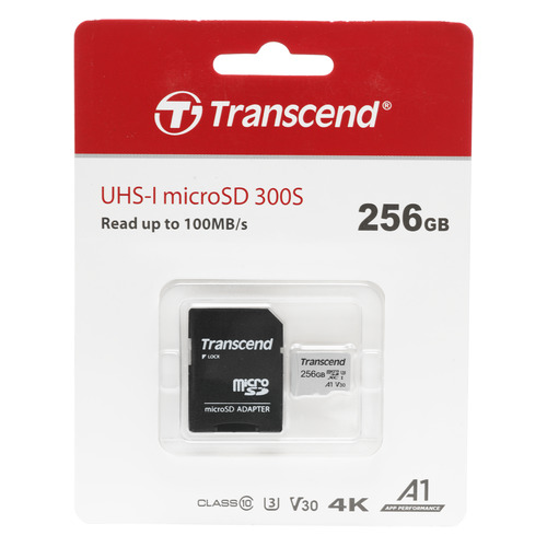Карта памяти microSDXC UHS-I U3 Transcend 256 ГБ, 100 МБ/с, Class 10, TS256GUSD300S-A, 1 шт., переходник SD