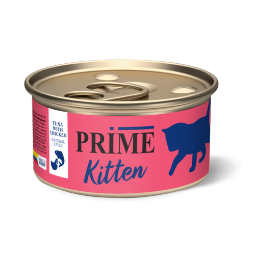PRIME KITTEN Консервированный корм для котят, тунец премиум с курицей в собственном соку, 85 гр