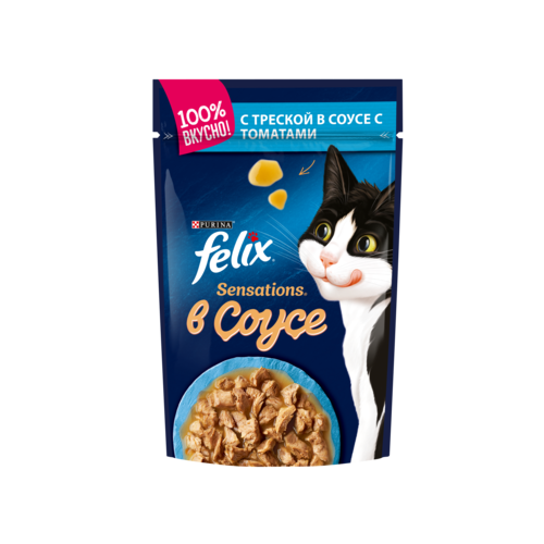 Влажный корм Felix Sensations для взрослых кошек, с треской в соусе с томатами, 85 гр