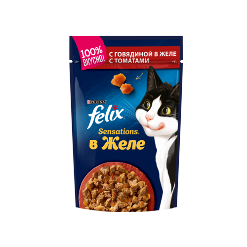 Влажный корм Felix Sensations для взрослых кошек, с говядиной в желе с томатами, 85 гр