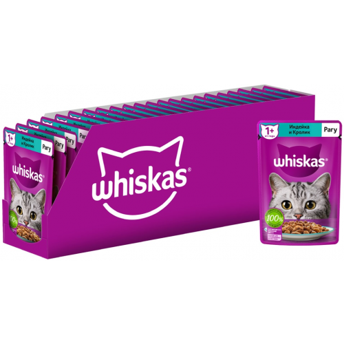 Влажный корм для кошек Whiskas полнорационный рагу с индейкой и кроликом 75г (упаковка 28 шт.)