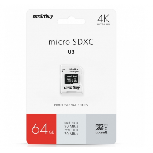 Карта памяти micro SDXC 64GB SmartBuy (Class 10, адаптер) UHS-I U3 4K, чтение до 90 мб/сек. (SB64GBSDCL10U3-01)