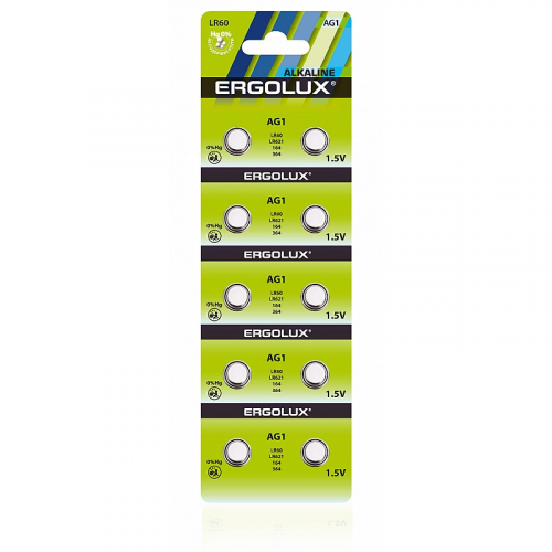 Ergolux AG 1 BL-10 (AG1-BP10, LR60 /LR621 /164 /364 батарейка для часов) (упак. 10 шт.), цена за 1 упак