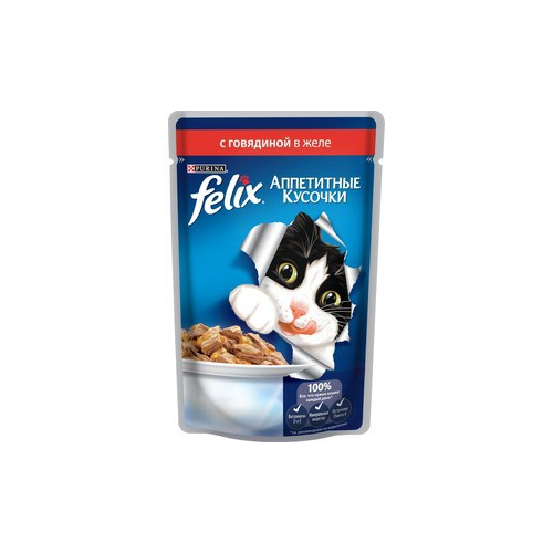 Паучи Felix Аппетитные кусочки с говядиной в желе для кошек 85г (12318916)