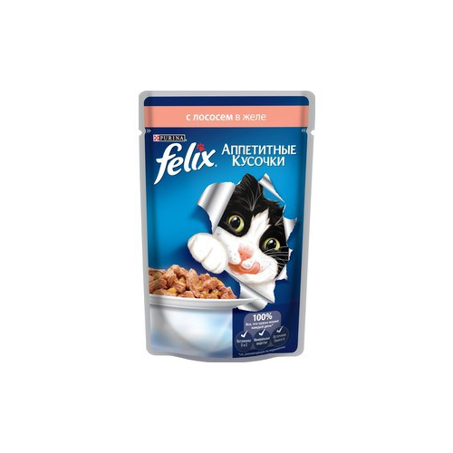 Паучи Felix Аппетитные кусочки с лососем в желе для кошек 85г (12318918)