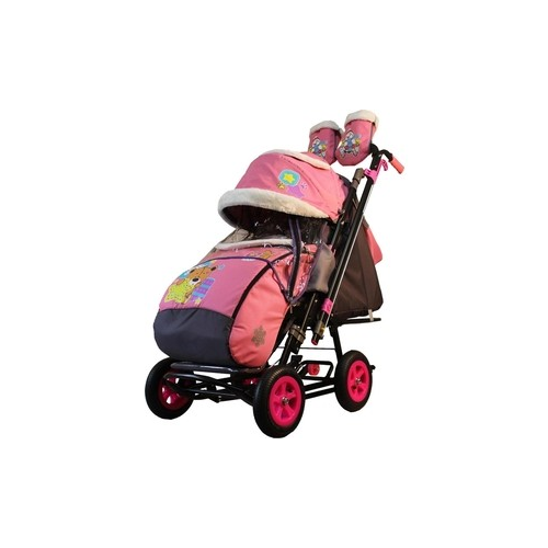 Санки-коляска GALAXY SNOW GALAXY City-2-1 Мишка со звездой на розовом на больших надувных колёсах (7089)