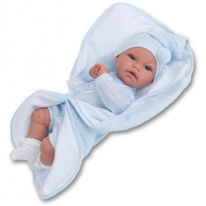 Munecas Antonio Juan Кукла-младенец Мило в голубом, озвученная, мягконабивная 34 см