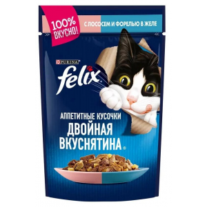 Влажный корм для кошек Felix Двойная Вкуснятина в желе, лосось и форель, 85гр