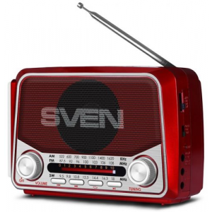 Радиоприемник Sven SRP-525 SV-017163 красная, 3Вт, USB, microSD, FM/AM/SW, фонарь, встроенный аккуму