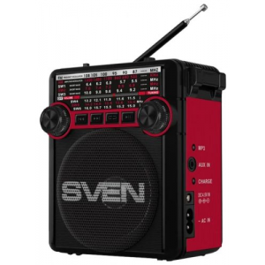 Радиоприемник Sven SRP-355 SV-017132 красная, 3Вт, USB, SD/microSD, FM/AM/SW, фонарь, встроенный акк