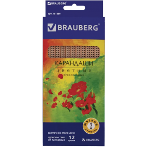 Карандаши цветные brauberg “цветы“, набор 12 цветов, трехгранные, лакированное дерево