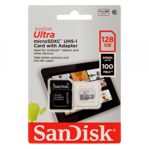 Карта памяти microSDXC UHS-I Sandisk Ultra 128 ГБ, 100 МБ/с, Class 10, SDSQUNR-128G-GN6TA, 1 шт., переходник SD