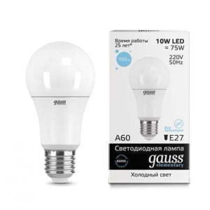 Лампа светодиодная LED Elementary A60 10Вт E27 6500К Gauss 23230, 1шт RS-GAUSS-23230