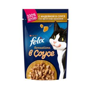 Влажный корм Felix Sensations для взрослых кошек, с индейкой в соусе со вкусом бекона, 85 гр