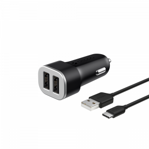 Автомобильное зарядное устройство Deppa 2 USB 2.4А + кабель USB Type-C, черный, Ultra