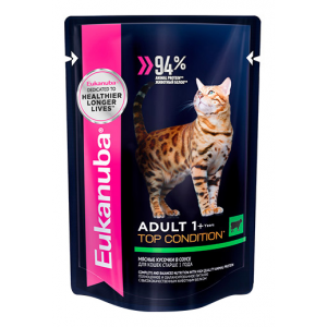 Влажный корм для кошек Eukanuba Adult Top Condition, с говядиной в соусе, 85г