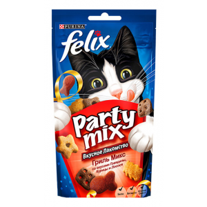 Лакомство для кошек Felix Party mix Гриль Микс фигурки, говядина, курица, лосось, 60 г