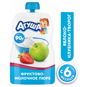 Пюре Агуша фруктово-молочное Яблоко-Клубника с творогом 90г (упаковка 3 шт.)