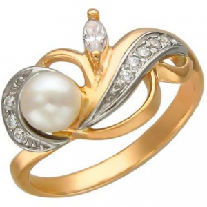 Кольцо с жемчугом и фианитами из комбинированного золота Эстет