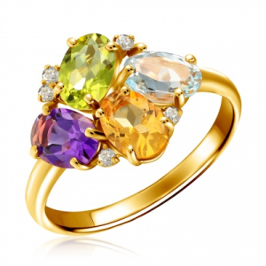 Кольцо с россыпью цветных камней из жёлтого золота Эстет